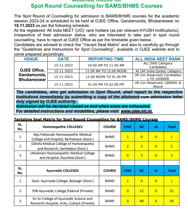 OJEE 2023 Counselling BAMS BHMS Spot Round Admission To Begin